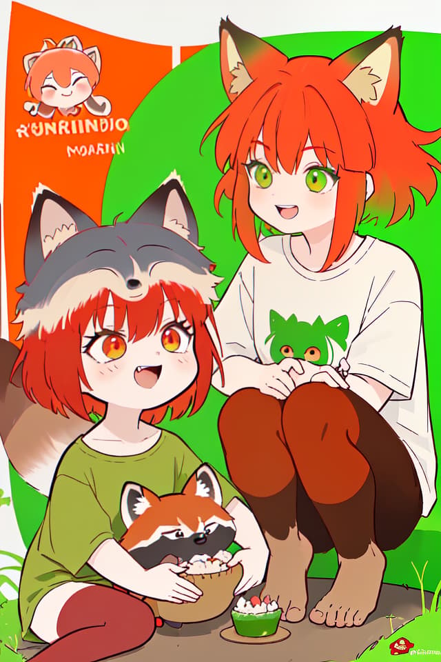  A red haired character with a fox ear and a green hair character with an ear of a raccoon, I'm laughing at each other.