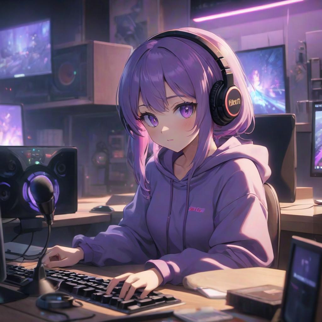  anime artwork Location a warm, spacious room with a lot of detail in purple tones. The frame is arranged from left to right, to the left a girl streamer sits with a computer, to the right there is a large space with shelves. Figurines of anime characters are on the shelves in the room. The girl streamer sits on a gaming chair with a computer. A monitor, keyboard, and microphone are on the table in front of the girl. The girl looks at the camera. The girl is wearing a lavender hoodie. The girl has large headphones. The girl's hairstyle is elongated bangs without a fringe of a dark red color. It is evening. Purple lamps. The girl has green eyes, the girl has short hair. . anime style, key visual, vibrant, studio anime, highly detailed hyperrealistic, full body, detailed clothing, highly detailed, cinematic lighting, stunningly beautiful, intricate, sharp focus, f/1. 8, 85mm, (centered image composition), (professionally color graded), ((bright soft diffused light)), volumetric fog, trending on instagram, trending on tumblr, HDR 4K, 8K