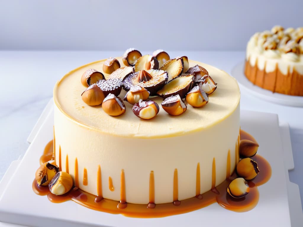  An ultradetailed photorealistic image of a decadent macadamia nut cheesecake with a glossy caramel drizzle on top, surrounded by a scattering of whole and crushed macadamia nuts, set on a sleek marble countertop under soft, natural lighting that highlights the intricate details of the dessert, showcasing the creamy texture of the cheesecake and the rich, golden tones of the caramel. hyperrealistic, full body, detailed clothing, highly detailed, cinematic lighting, stunningly beautiful, intricate, sharp focus, f/1. 8, 85mm, (centered image composition), (professionally color graded), ((bright soft diffused light)), volumetric fog, trending on instagram, trending on tumblr, HDR 4K, 8K