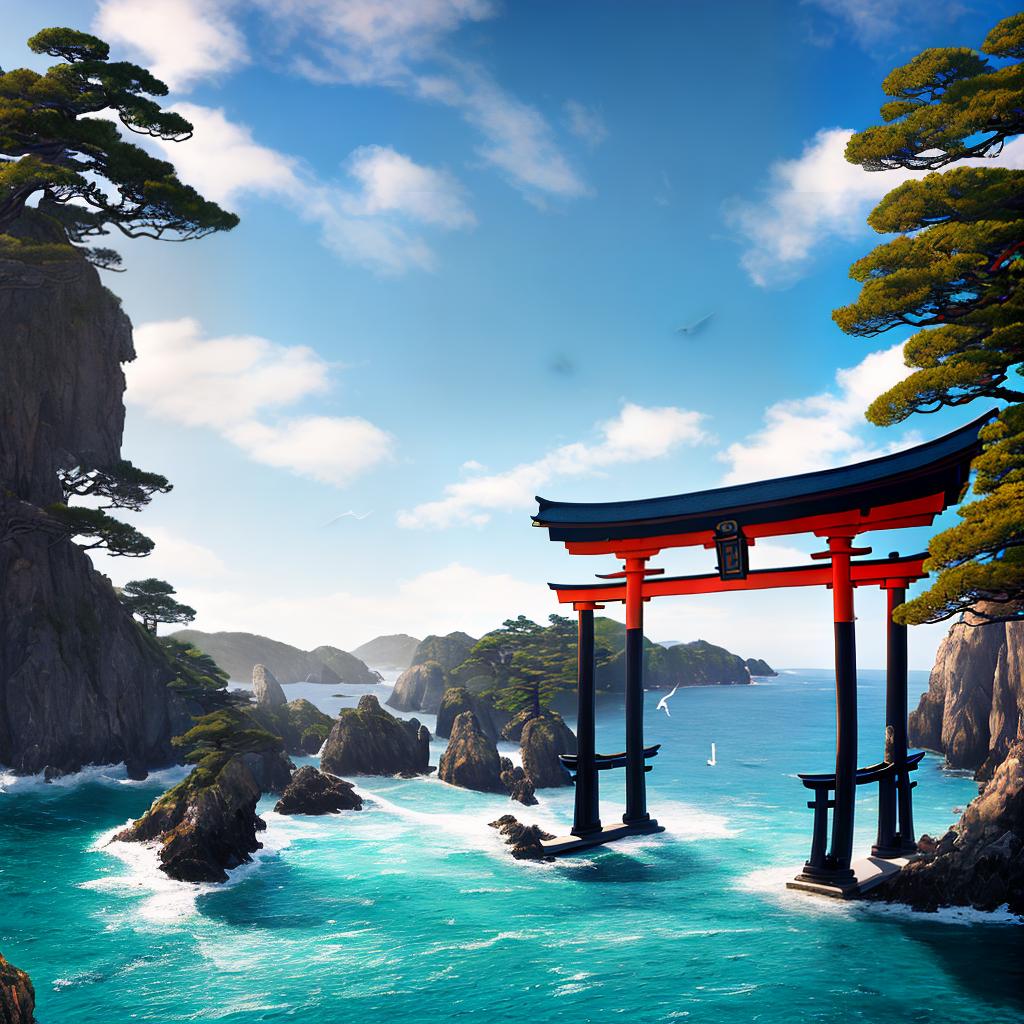 Step into a mesmerizing ((masterpiece)) that showcases the captivating beauty of 日本の風景 with the (((best quality))) and ultra-detailed precision. This high-resolution 8k artwork transports viewers to a serene Japanese coastline, capturing the essence of tranquility. The main subject of the scene is a ((torii gate)) standing proudly at the edge of the ocean. The vibrant vermillion gate contrasts with the blue hues of the sea and sky, creating a striking visual impact. Waves crash gently against the gate's pillars, while seagulls soar gracefully overhead. The surrounding landscape features rugged cliffs dotted with pine trees, adding a sense of drama to the scene. The artist's meticulous attention to detail and mastery of colors make hyperrealistic, full body, detailed clothing, highly detailed, cinematic lighting, stunningly beautiful, intricate, sharp focus, f/1. 8, 85mm, (centered image composition), (professionally color graded), ((bright soft diffused light)), volumetric fog, trending on instagram, trending on tumblr, HDR 4K, 8K
