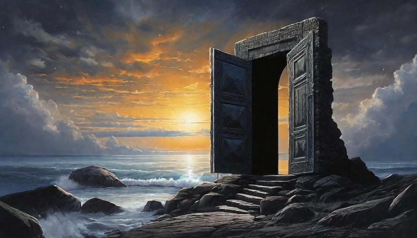  （surrealism)+++A doorway opening onto a vast, star filled sky, stepping from shadow into cosmic awareness, Gateway to enlightenment, threshold between states of being, celestial expanse, embracing the unknown, illuminating transition looking at viewer,(intricate details, masterpiece, best quality)++