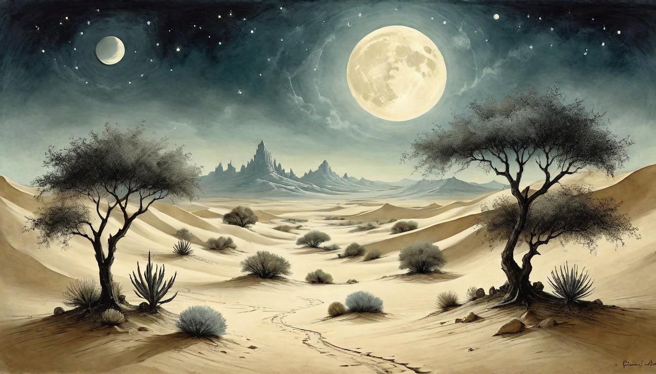  on parchment, surrealism+++, A tranquil oasis in a moonlit desert, symbolizing solace and strength on the journey, calm, sanctuary(mysterious, provocative, symbolic,muted color)+++