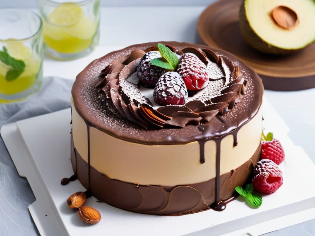  A closeup, ultradetailed image of a decadent raw chocolate cake topped with fresh raspberries, mint leaves, and a drizzle of raw honey, set on a sleek, white marble serving platter. The cake is beautifully textured with layers of creamy avocado chocolate mousse and a nutty crust made of dates and almonds, showcasing the richness and elegance of raw desserts. The vibrant colors of the berries and herbs pop against the dark chocolate, creating a visually stunning and mouthwatering minimalist composition. hyperrealistic, full body, detailed clothing, highly detailed, cinematic lighting, stunningly beautiful, intricate, sharp focus, f/1. 8, 85mm, (centered image composition), (professionally color graded), ((bright soft diffused light)), volumetric fog, trending on instagram, trending on tumblr, HDR 4K, 8K