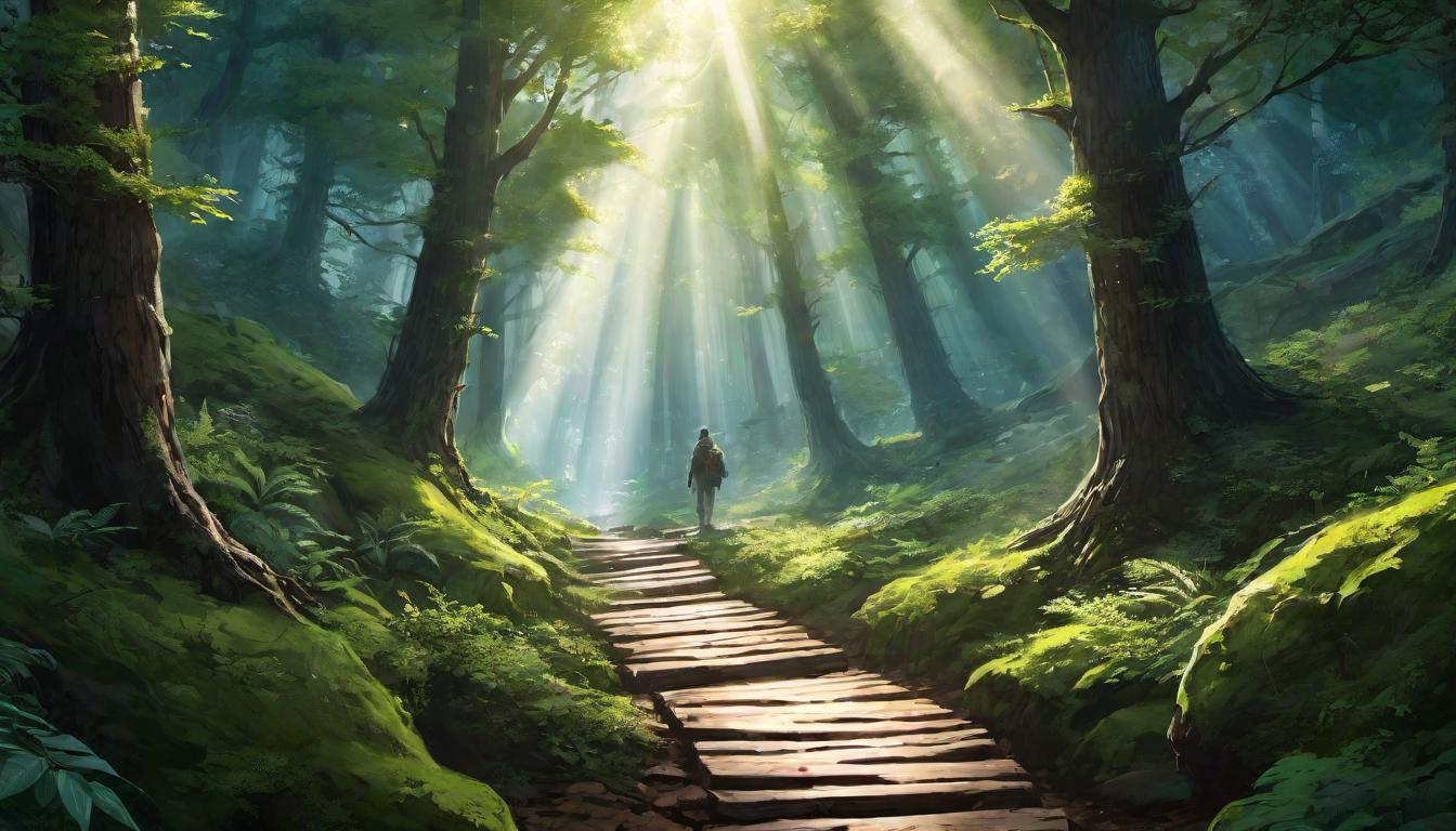  digital illustration, A rugged path winding through a dense, enchanted forest, light filtering down in beams, Individuals navigating the path, cloaked in determination, faces lit by the challenge, overcoming obstacles, endurance in the journey, resilience amidst complexities, moments of illumination, looking at viewer, dynamic pose, (intricate details, masterpiece, best quality)