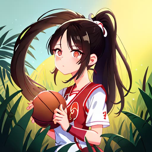  anime girl black hair bright dark brown eyes red and white basketball uniform with the number 18 and the name Nicky white and black shoes Have your hair in a medium high ponytail with two strands on the sides of your ears, have a basketball and look full body Pastel Palette, Da Vinci's Dreams, Picasso's , Sunrise Splendors, Floral Fantasy, Mystical Moonscapes, Urban Nature, Crystal Clear, Cinematic hyperrealistic, full body, detailed clothing, highly detailed, cinematic lighting, stunningly beautiful, intricate, sharp focus, f/1. 8, 85mm, (centered image composition), (professionally color graded), ((bright soft diffused light)), volumetric fog, trending on instagram, trending on tumblr, HDR 4K, 8K