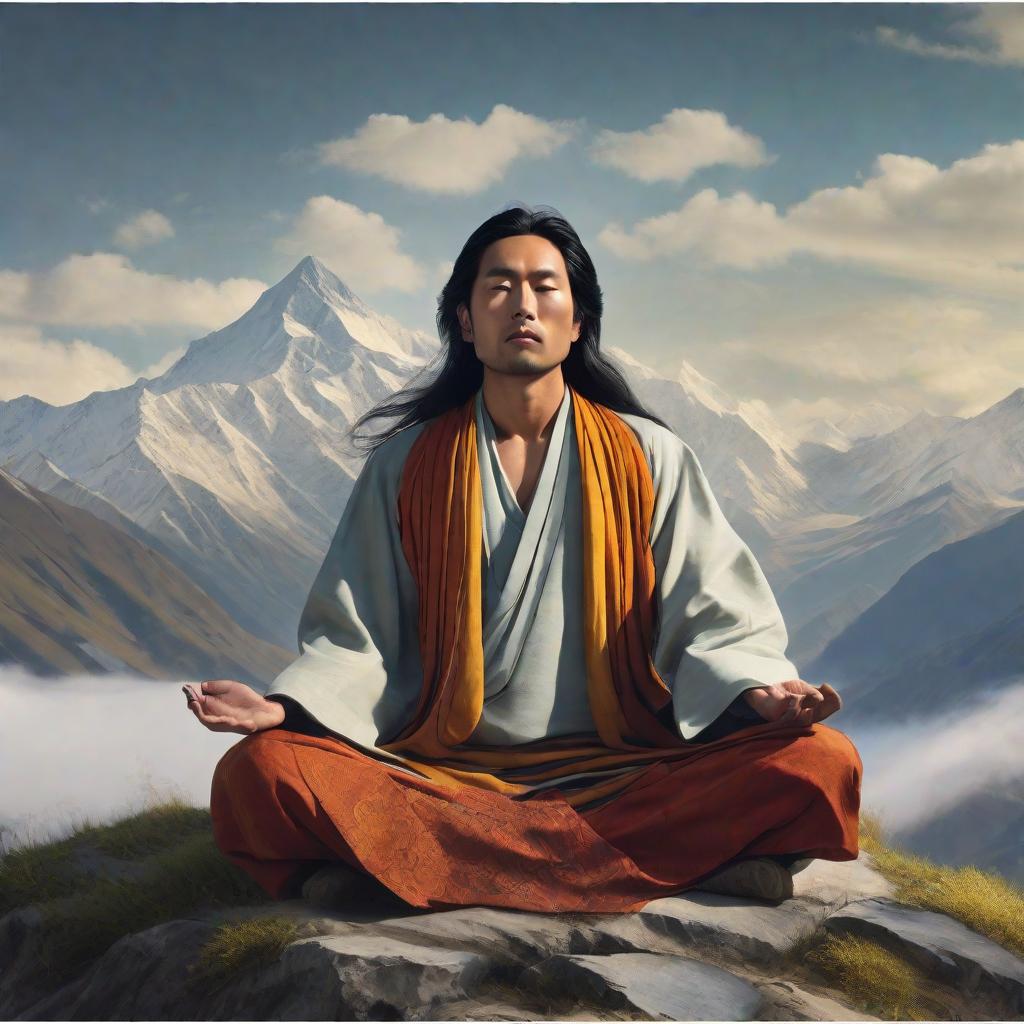  masterpiece, best quality,Long haired Asian male, meditating cross-legged in the Himalayas