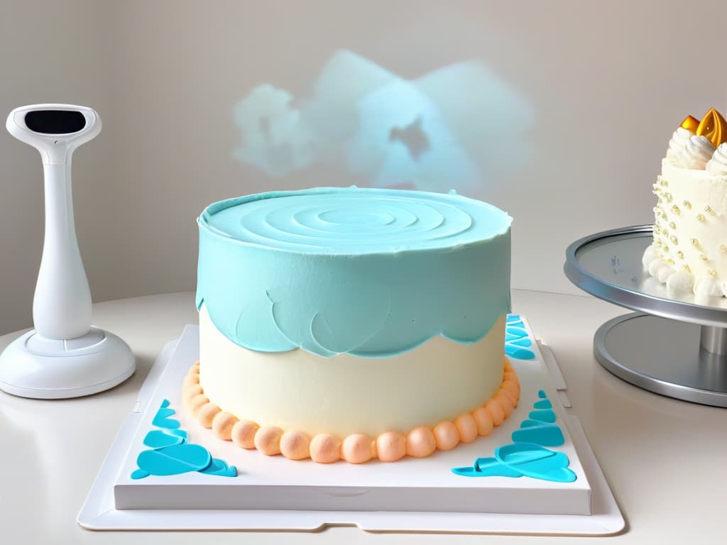  A minimalist image showing a sidebyside comparison of a traditional cake decorating setup with piping bags, spatulas, and stencils, next to a futuristic augmented reality setup with holographic guides, virtual decorations, and motionsensing tech. The traditional side is warm and cozy, with soft lighting and pastel colors, while the AR side is sleek and modern, featuring a hightech color palette and futuristic design elements. hyperrealistic, full body, detailed clothing, highly detailed, cinematic lighting, stunningly beautiful, intricate, sharp focus, f/1. 8, 85mm, (centered image composition), (professionally color graded), ((bright soft diffused light)), volumetric fog, trending on instagram, trending on tumblr, HDR 4K, 8K