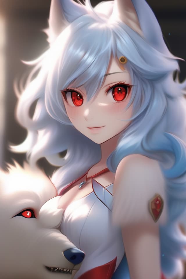  (Close up the upper body) (Illustration) Upper Body ONLY, Beautiful Wolf Beast Girl, Masterpiece, Beautiful Light Blue Hair, Red Eye Color, Knee Length Dress OLF Ears), Nice Body, (with Wolf Behind), High Quality, 8k, 16k