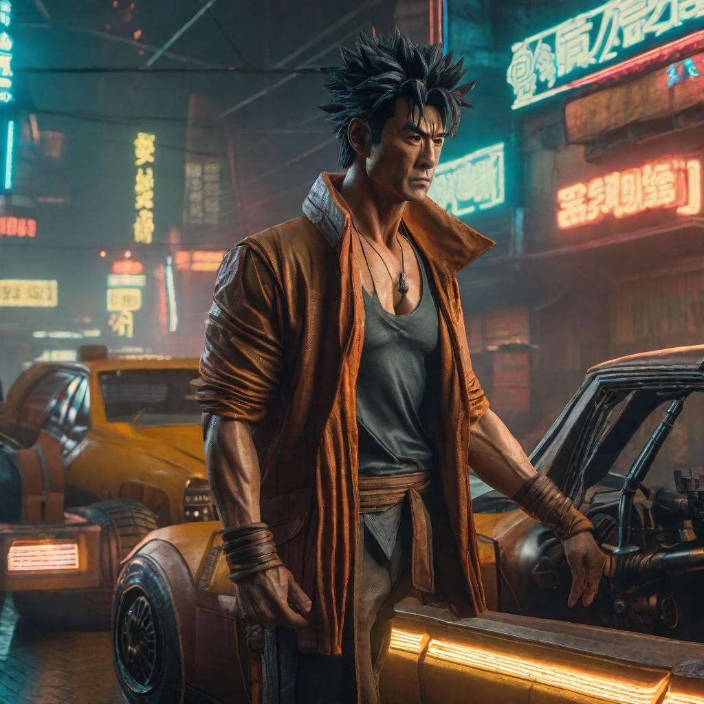  Crea a goku como blade runner hyperrealistic, full body, detailed clothing, highly detailed, cinematic lighting, stunningly beautiful, intricate, sharp focus, f/1. 8, 85mm, (centered image composition), (professionally color graded), ((bright soft diffused light)), volumetric fog, trending on instagram, trending on tumblr, HDR 4K, 8K