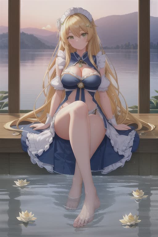  (score 9,score 8 up,score 7 up,),1girl,solo,maid,maid headdress,looking at viewer,outdoor,lake,apron,blonde hair,indoors,green eyes,bare foot,two feet in the water lotus flower sex stunny hyperrealistic, full body, detailed clothing, highly detailed, cinematic lighting, stunningly beautiful, intricate, sharp focus, f/1. 8, 85mm, (centered image composition), (professionally color graded), ((bright soft diffused light)), volumetric fog, trending on instagram, trending on tumblr, HDR 4K, 8K