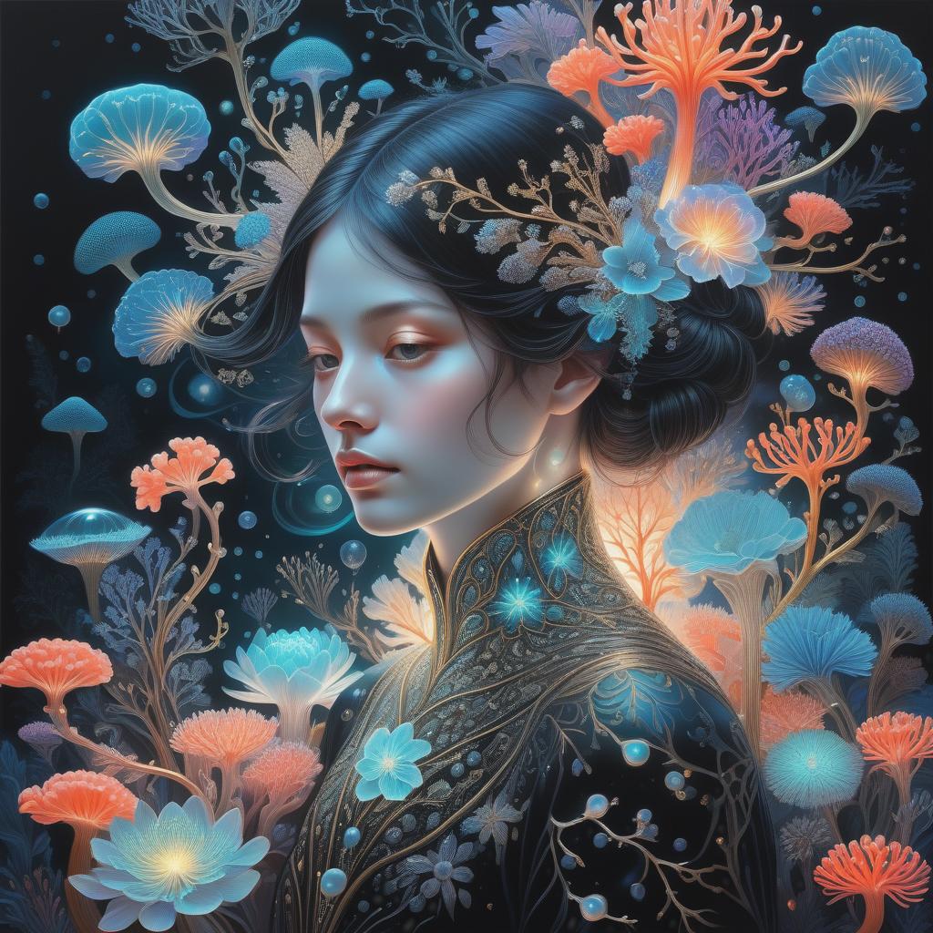  photo RAW, (Ultra detailed illustration of a person lost in a magical world of wonders, glowy, bioluminescent flora, incredibly detailed, pastel colors, art by Mschiffer, night, bioluminescence, ultrarealistic, hyperrealistice, hyperdetailed: shiny aura, highly detailed, black pearls, gold and coral filigree, intricate motifs, organic tracery, Kiernan Shipka, Januz Miralles, Hikari Shimoda, glowing stardust by W. Zelmer, perfect composition, smooth, sharp focus, sparkling particles, lively coral reef colored background Realistic, realism, hd, 35mm photograph, 8k), masterpiece, award winning photography, natural light, perfect composition, high detail, hyper realistic, add depth, water background, (Hyperdetailed,hyper realistic background:1. hyperrealistic, full body, detailed clothing, highly detailed, cinematic lighting, stunningly beautiful, intricate, sharp focus, f/1. 8, 85mm, (centered image composition), (professionally color graded), ((bright soft diffused light)), volumetric fog, trending on instagram, trending on tumblr, HDR 4K, 8K