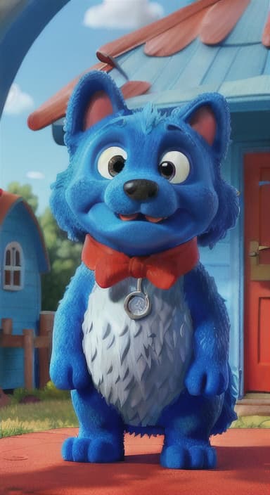  {Max the big blue dog standing in front of a cozy little house with a red door, The big blue dog is large with sky blue fur, big round eyes, a black nose, and floppy ears.