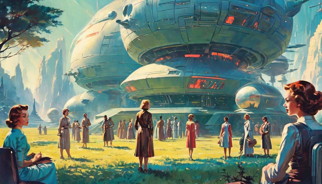  retro futuristic Arian females, large busted, gathering in a radiant, sunlit clearing, sharing knowledge and support lvintage sci fi, 50s and 60s style, atomic age, vibrant, highly detailed