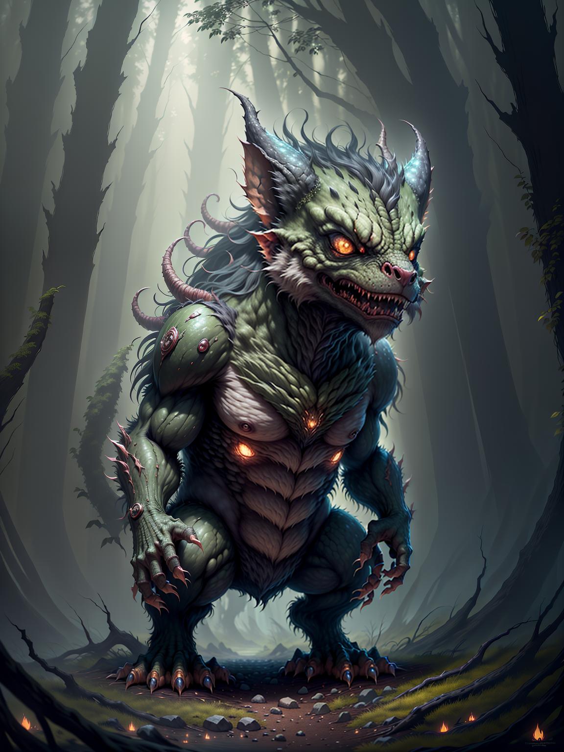  master piece, best quality, ultra detailed, highres, 4k.8k, A fierce chimera beast, Roaring, standing fiercely, Ferocious, BREAK A monstrous creature terrorizes the forest., Dark and enchanted forest, Twisted trees, eerie mist, BREAK Foreboding and eerie, Glowing eyes, ominous shadows, creature00d,Cu73Cre4ture