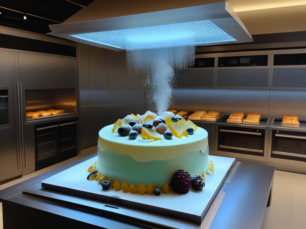  A photorealistic image of a modern kitchen with holographic displays of intricate dessert recipes floating in the air, showcasing the fusion of augmented reality technology with traditional baking methods. The kitchen is sleek and futuristic, with stainless steel appliances and a minimalist design, while the holographic images of cakes, pastries, and cookies add a touch of magic and innovation to the scene. The lighting is soft and warm, creating a cozy yet hightech atmosphere that embodies the concept of augmented reality in pastry making. hyperrealistic, full body, detailed clothing, highly detailed, cinematic lighting, stunningly beautiful, intricate, sharp focus, f/1. 8, 85mm, (centered image composition), (professionally color graded), ((bright soft diffused light)), volumetric fog, trending on instagram, trending on tumblr, HDR 4K, 8K