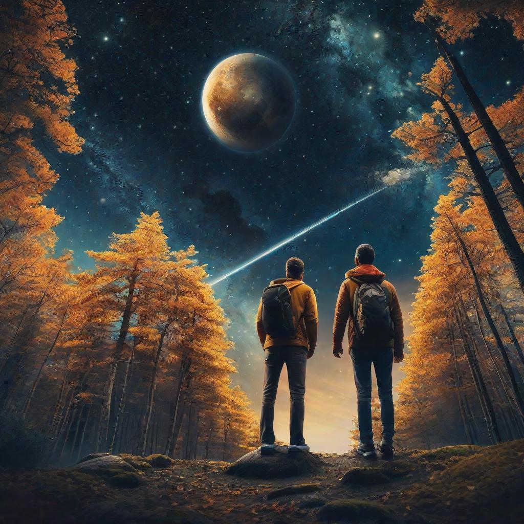  masterpiece, best quality, Couple in the woods looking at the sky and the universe above the sky