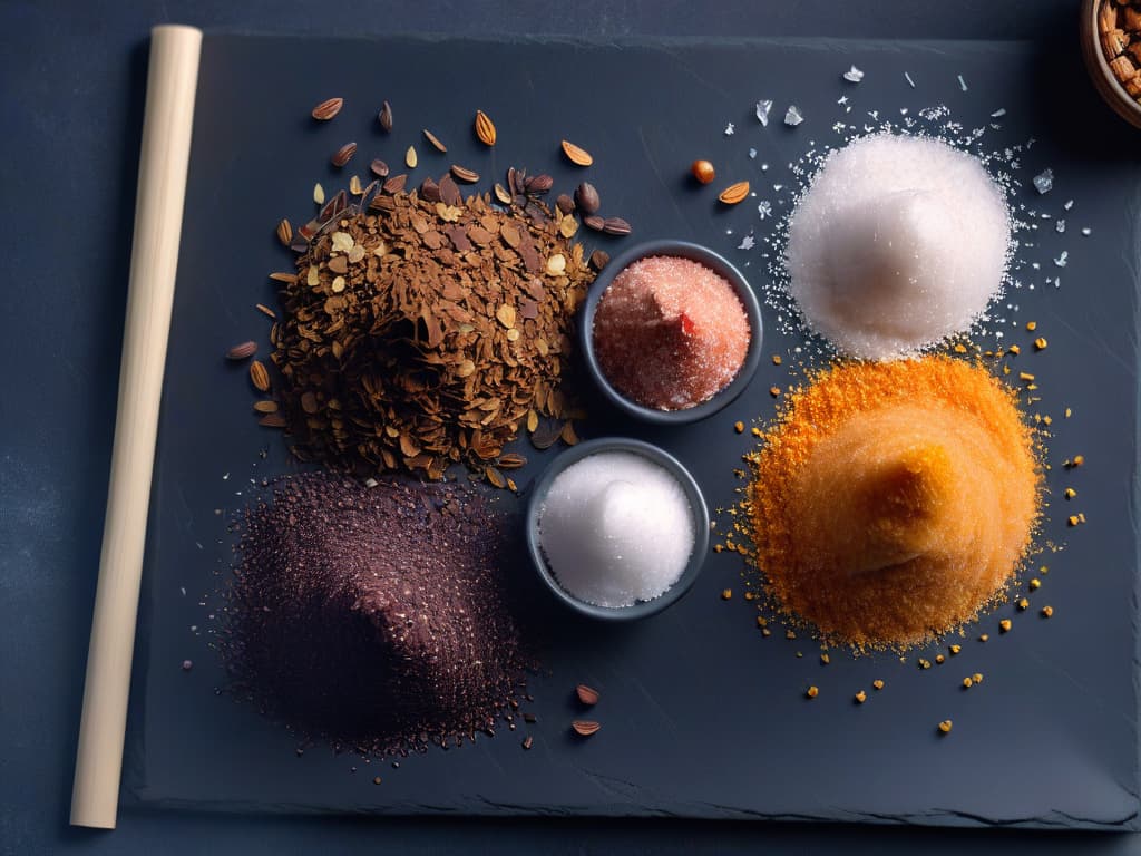  A beautifully arranged flat lay image showcasing a variety of gourmet sea salts from around the world, including pink Himalayan salt, fleur de sel, smoked sea salt, black lava salt, and delicate flakes of Maldon salt. The salts are presented in small glass bowls on a sleek marble countertop, with scattered vanilla beans, fresh lavender sprigs, and artisanal dark chocolate truffles artfully arranged around them. The lighting is soft and natural, highlighting the textures and colors of the different salts, creating a visually stunning and appetizing composition perfect for a sweet pastry article. hyperrealistic, full body, detailed clothing, highly detailed, cinematic lighting, stunningly beautiful, intricate, sharp focus, f/1. 8, 85mm, (centered image composition), (professionally color graded), ((bright soft diffused light)), volumetric fog, trending on instagram, trending on tumblr, HDR 4K, 8K