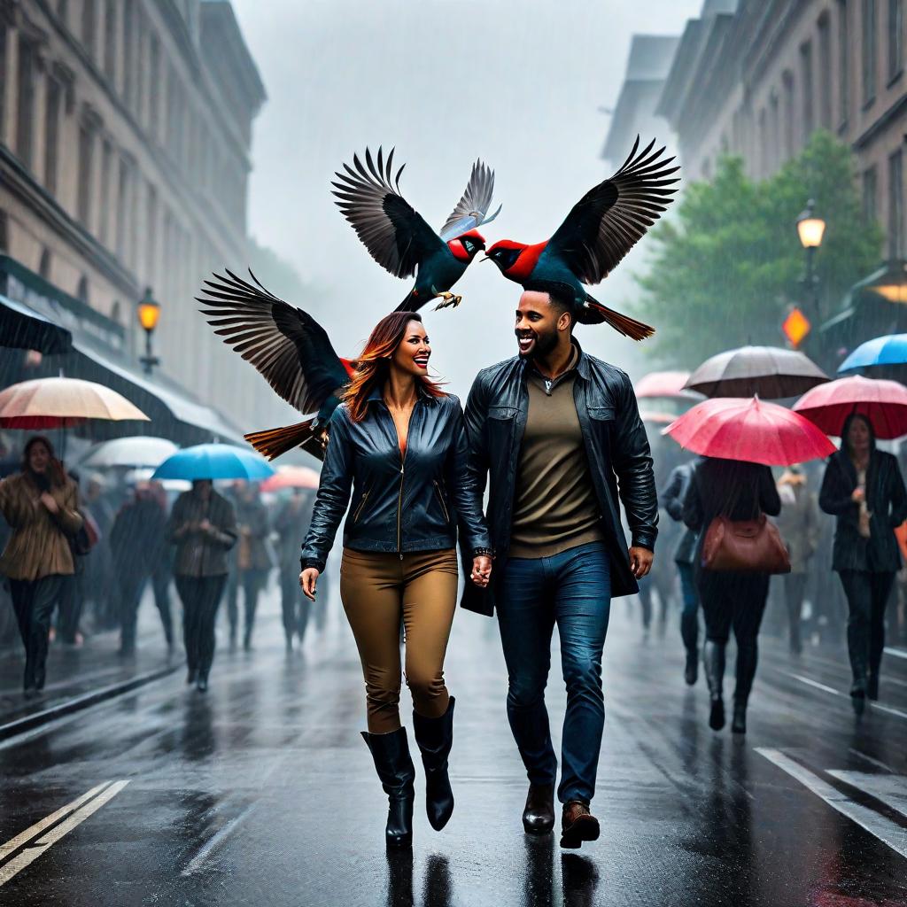  Happy birds flying on a rainy day. hyperrealistic, full body, detailed clothing, highly detailed, cinematic lighting, stunningly beautiful, intricate, sharp focus, f/1. 8, 85mm, (centered image composition), (professionally color graded), ((bright soft diffused light)), volumetric fog, trending on instagram, trending on tumblr, HDR 4K, 8K