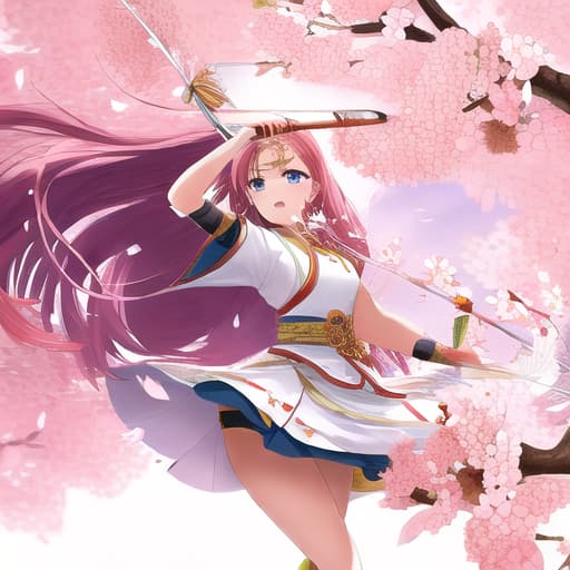  A beautiful warrior holding an bow and arrow background of petal of Cherry blossom 🌸🌸 blowing by wind