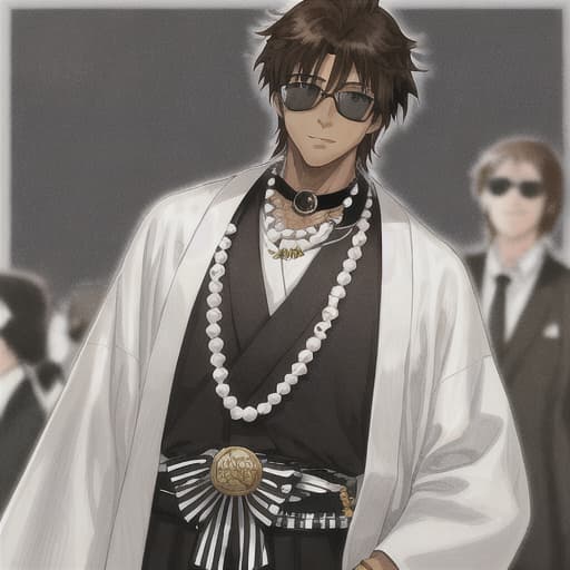  man, African American appearance, black-white Japanese outfit, brown hair tousled and pulled out in front, black square sunglasses, beads on his neck