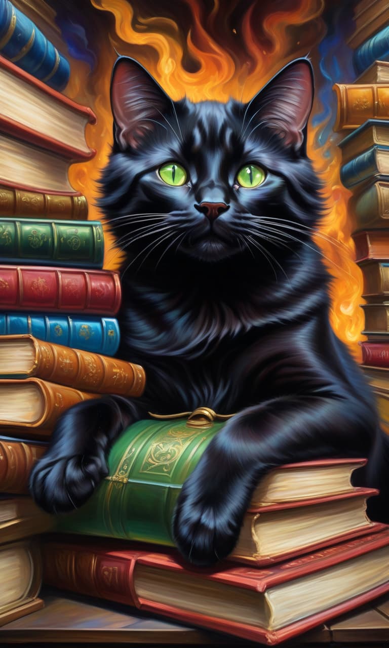  Oil painting. Distant background. Art Nouveau style. Surreal unrealistic, fantastic big eyed black cat. Lying on a tall stack of books. Fabulous, magical, cartoonish, positive, dreamy. Background surrealistic abstractionism: a wizard's room with flasks, retorts. Background surreal abstractionism: wizard's room with flasks, retorts, books. Styles: neorococo, fantasy abstraction, surrealism, mysticism, elegant, decorative, curvilinear forms, nature inspired, ornate, detailed. . In shades of pink and purple with elements of black and gold. In the manner of Andrew Jones, Fragonard, Carole Buck, Mab Graves, Bill Carman, Jean Baptiste Monge, Julie Dillon. High quality. hyperrealistic, full body, detailed clothing, highly detailed, cinematic lighting, stunningly beautiful, intricate, sharp focus, f/1. 8, 85mm, (centered image composition), (professionally color graded), ((bright soft diffused light)), volumetric fog, trending on instagram, trending on tumblr, HDR 4K, 8K