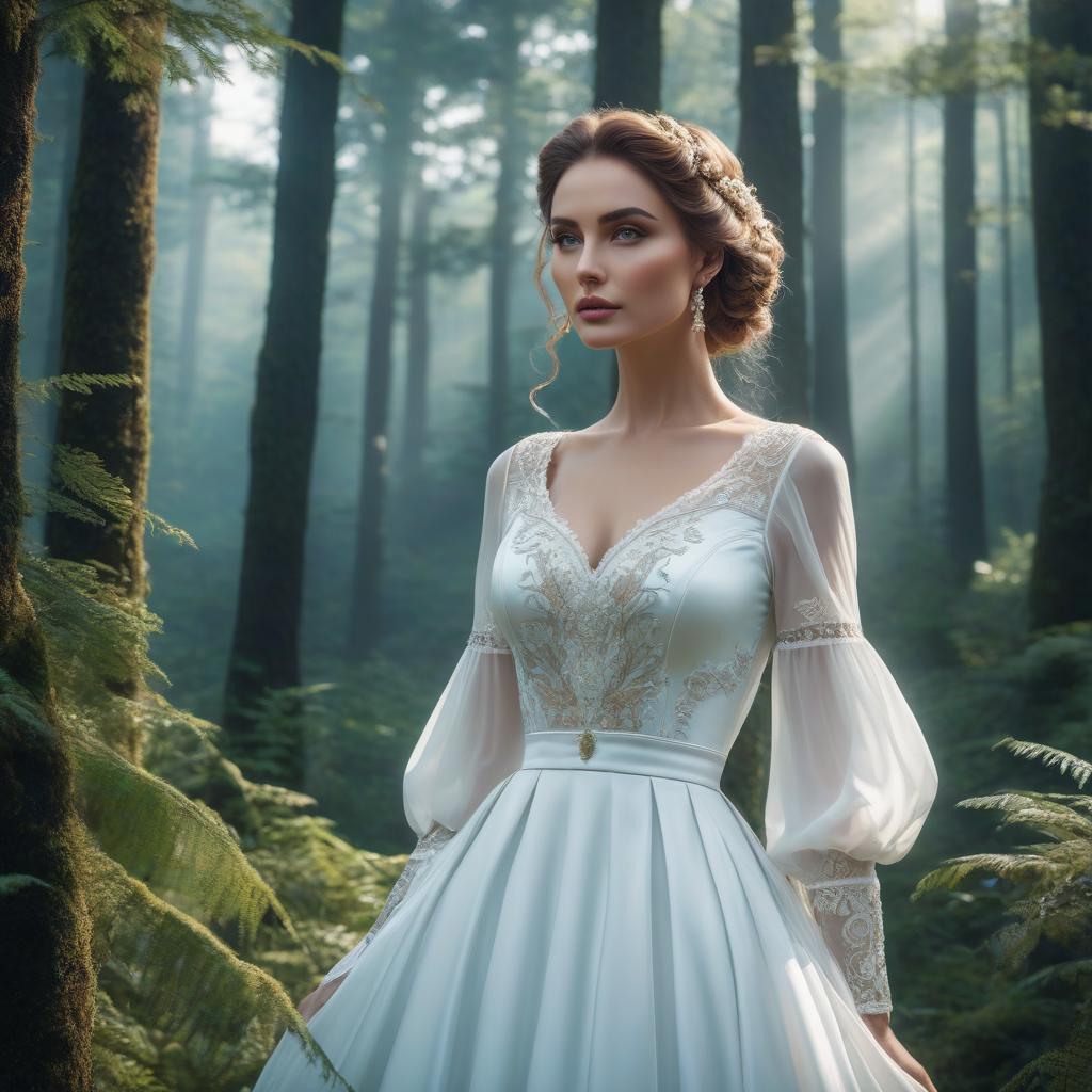  A young , a aristocrat, eigh year, in a simple white dress, nut hair, hair tied in a long id, against a forest background, LOOKING TO THE SKY, clear focus, bright and piercing eyes, well drawn details, bright and lively eyes, a beautiful portrait ilration, fantasy style portrait, no makeup or facial cosmetics, blue and white reflections, bright colors, bright eyes, fantastic art, intricate design, highly detailed, clear focus, 8K, high resolution, elegant. hyperrealistic, full body, detailed clothing, highly detailed, cinematic lighting, stunningly beautiful, intricate, sharp focus, f/1. 8, 85mm, (centered image composition), (professionally color graded), ((bright soft diffused light)), volumetric fog, trending on instagram, trending on tumblr, HDR 4K, 8K