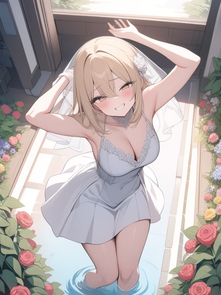  ultra detailed:1.2,masterpiece:1.2,best quality,masterpiece,bestquality,hdr:1.1,8k:1.1,very cute girl:1.3,blond hair:1.3 pink wading dress:1.3,bridal veil:1.2,(dark skin:1.4),grin smile:1.4,tears:1.6,open mouth:1.3,looking up:1.3,from above:1.4,bouquet toss:1.5, masterpiece, best quality,8k,ultra detailed,high resolution,an extremely delicate and beautiful,hyper detail