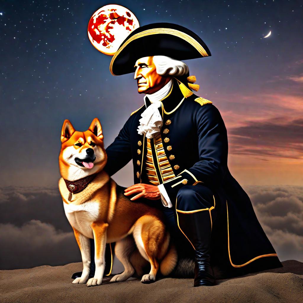  president george washington hugging a shiba inu dog on the moon hyperrealistic, full body, detailed clothing, highly detailed, cinematic lighting, stunningly beautiful, intricate, sharp focus, f/1. 8, 85mm, (centered image composition), (professionally color graded), ((bright soft diffused light)), volumetric fog, trending on instagram, trending on tumblr, HDR 4K, 8K