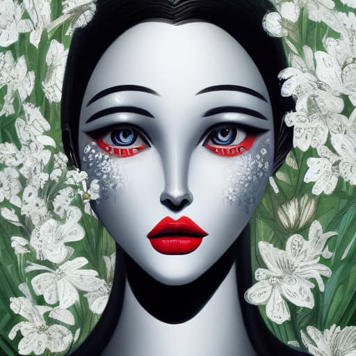  silver flowers and future man standing. over-detailed face and eyes and lips and nose and body