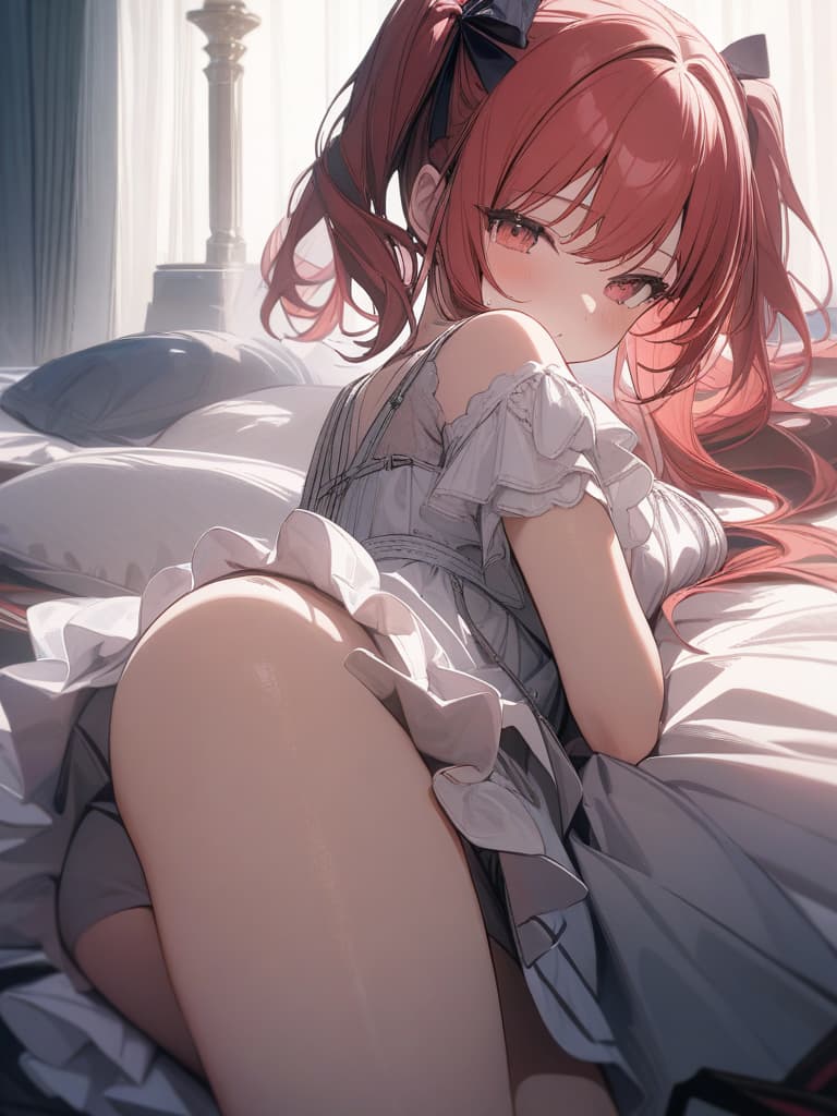  Red hair, hinge, twin tail, ribbon, frills, negligee, bed, masterpiece, best quality,8k,ultra detailed,high resolution,an extremely delicate and beautiful,hyper detail