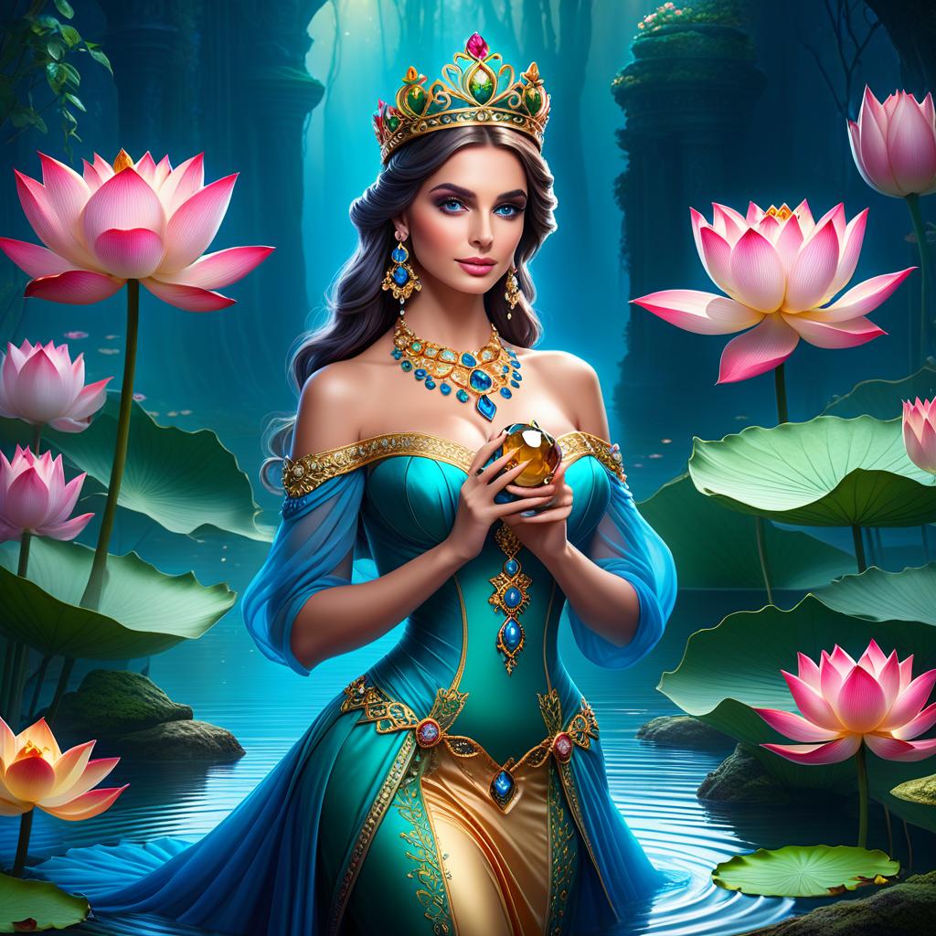  ethereal fantasy concept art of (Background): a lake with blooming lotuses of different shades: from white pink to bright crimson and leaves of tender green colour. The sky above the lake of dark blue colour with golden stars scattered on it. (Fantasy Princess Frog): in the centre of the lake on the biggest lotus flower sits a charming frog in a golden crown decorated with blue and blue precious stones. In his paws he holds a ring decorated with blue stones. Style: fantasy, Russian fairy tales, illustrations. . magnificent, celestial, ethereal, painterly, epic, majestic, magical, fantasy art, cover art, dreamy hyperrealistic, full body, detailed clothing, highly detailed, cinematic lighting, stunningly beautiful, intricate, sharp focus, f/1. 8, 85mm, (centered image composition), (professionally color graded), ((bright soft diffused light)), volumetric fog, trending on instagram, trending on tumblr, HDR 4K, 8K