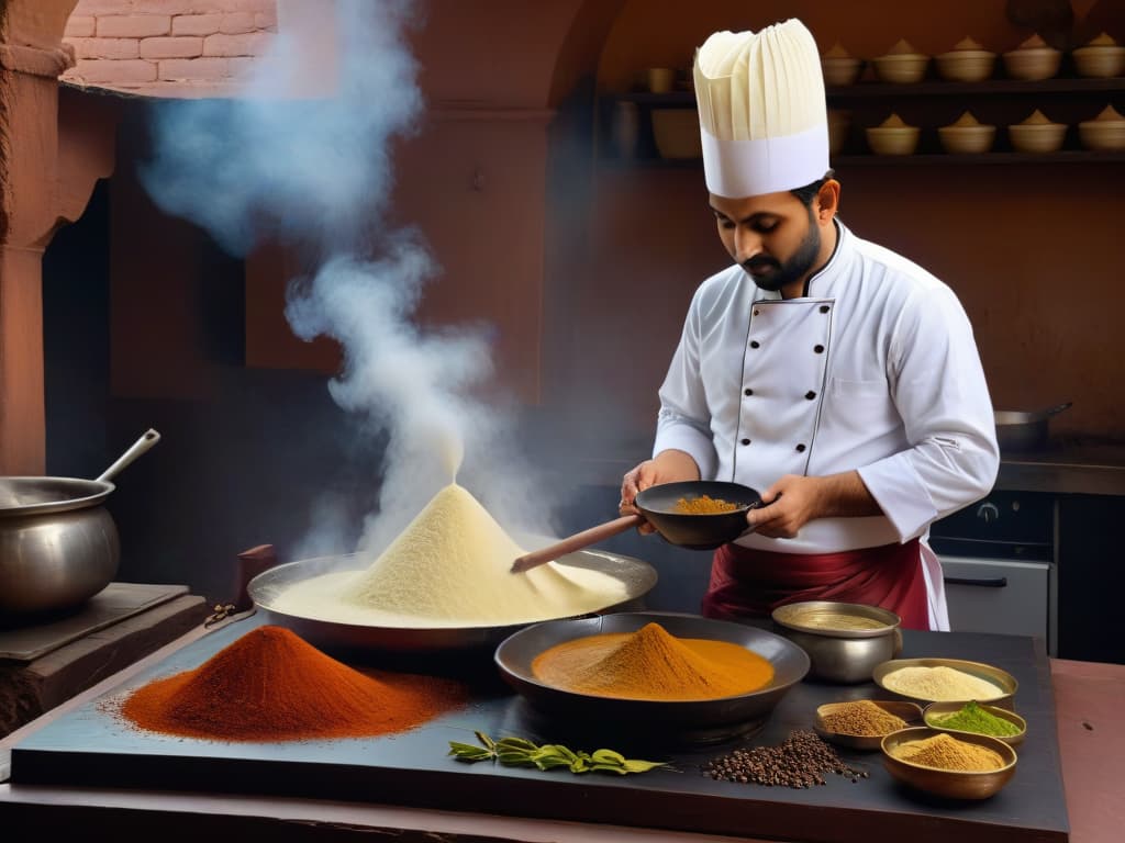  An intricate, minimalistic illustration of a traditional Indian kitchen filled with various spices and utensils, with a focus on a steaming pot of Gulab Jamun being prepared by a skilled chef. The scene captures the essence of the dessert's origins in Indian culinary traditions, with meticulous attention to detail in the arrangement of ingredients and the chef's technique. The color palette is warm and inviting, highlighting the rich cultural heritage behind the beloved sweet treat. hyperrealistic, full body, detailed clothing, highly detailed, cinematic lighting, stunningly beautiful, intricate, sharp focus, f/1. 8, 85mm, (centered image composition), (professionally color graded), ((bright soft diffused light)), volumetric fog, trending on instagram, trending on tumblr, HDR 4K, 8K