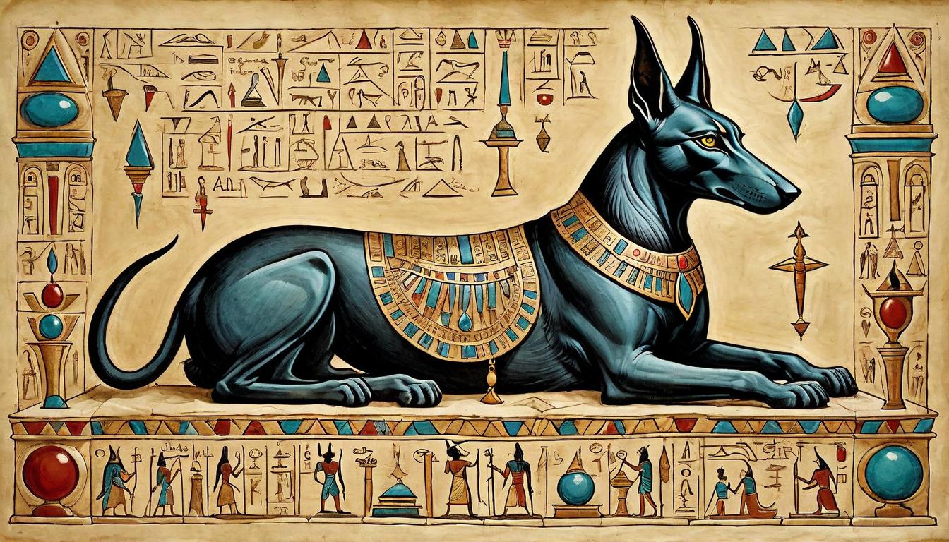  on parchment, surrealism+++, An ornate sarcophagus under the watchful gaze of Anubis, encrusted with jewels symbolizing the journey of the soul, surrounded by hieroglyphic walls, echoing the eternal(mysterious, provocative, symbolic,muted color)+++