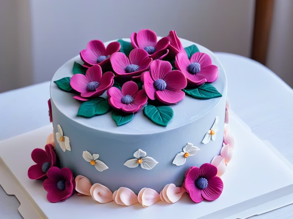  An intricate closeup image of a skilled baker's hands delicately sculpting a lifelike bouquet of fondant flowers in vibrant hues of pink, purple, and white. The fine details of the petals, leaves, and delicate stems showcase the precision and artistry involved in modern fondant techniques, making it a visually captivating and inspiring visual representation of the evolution of fondant artistry. hyperrealistic, full body, detailed clothing, highly detailed, cinematic lighting, stunningly beautiful, intricate, sharp focus, f/1. 8, 85mm, (centered image composition), (professionally color graded), ((bright soft diffused light)), volumetric fog, trending on instagram, trending on tumblr, HDR 4K, 8K