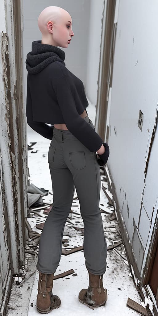  bald-girl, in winter clothes, with her back down, her pants pulled down, in an abandoned building, winter