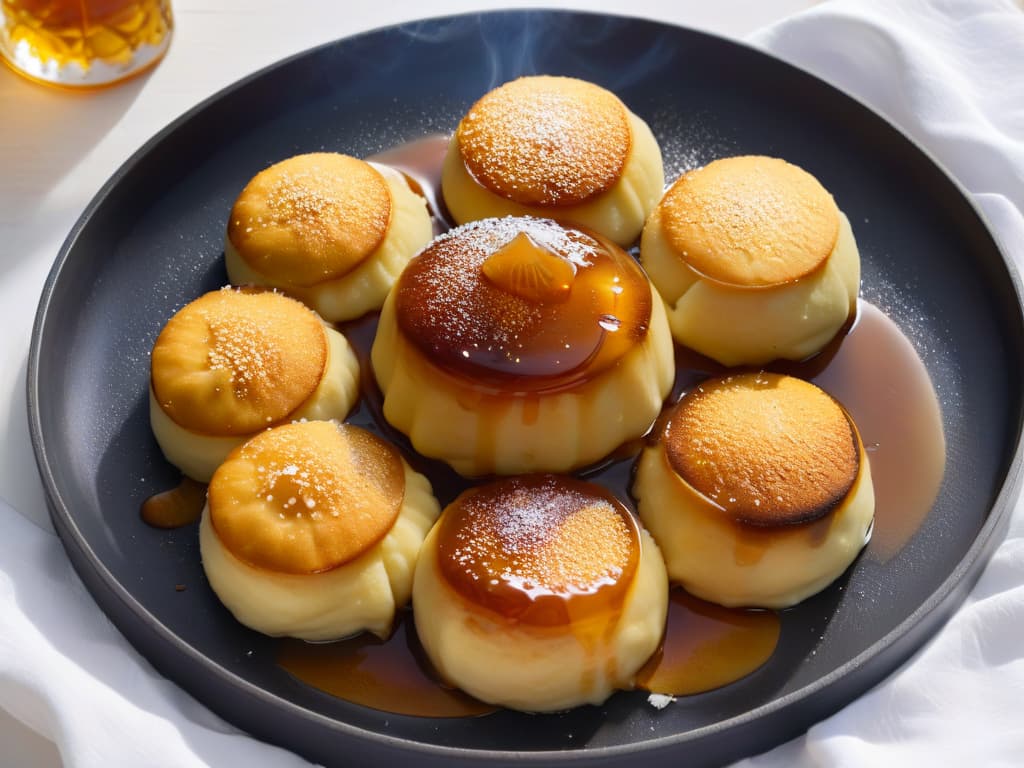  A closeup, ultradetailed image of warm, golden syrup cascading over a stack of homemade golden syrup dumplings, each dumpling glistening with a sugary glaze. The light catches the sticky syrup as it pools around the dumplings, highlighting their perfectly round shapes and soft, fluffy texture. The minimalistic composition focuses on the textures and colors, evoking a sense of warmth and comfort that perfectly complements the article's theme of homemade Golden Syrup Dumplings. hyperrealistic, full body, detailed clothing, highly detailed, cinematic lighting, stunningly beautiful, intricate, sharp focus, f/1. 8, 85mm, (centered image composition), (professionally color graded), ((bright soft diffused light)), volumetric fog, trending on instagram, trending on tumblr, HDR 4K, 8K