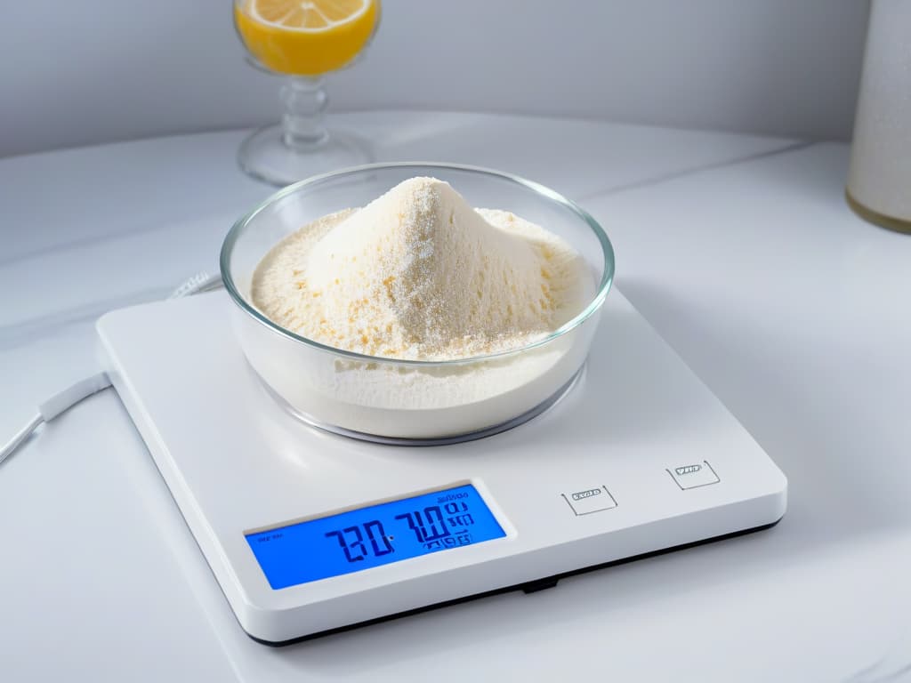  A closeup, ultradetailed image of a sleek, modern digital kitchen scale displaying precise measurements of flour and sugar, set against a clean, white marble countertop. The scale features a futuristic design with a digital display showing the weights down to the gram, emphasizing precision and accuracy in baking. The lighting is soft, casting gentle shadows to enhance the minimalistic and professional aesthetic of the image. hyperrealistic, full body, detailed clothing, highly detailed, cinematic lighting, stunningly beautiful, intricate, sharp focus, f/1. 8, 85mm, (centered image composition), (professionally color graded), ((bright soft diffused light)), volumetric fog, trending on instagram, trending on tumblr, HDR 4K, 8K