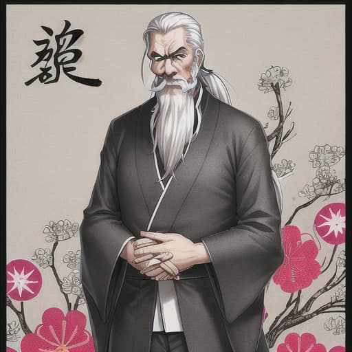  old man, Japanese outfits, serious face, long thin beard and mustache, tall and skinny, White hair