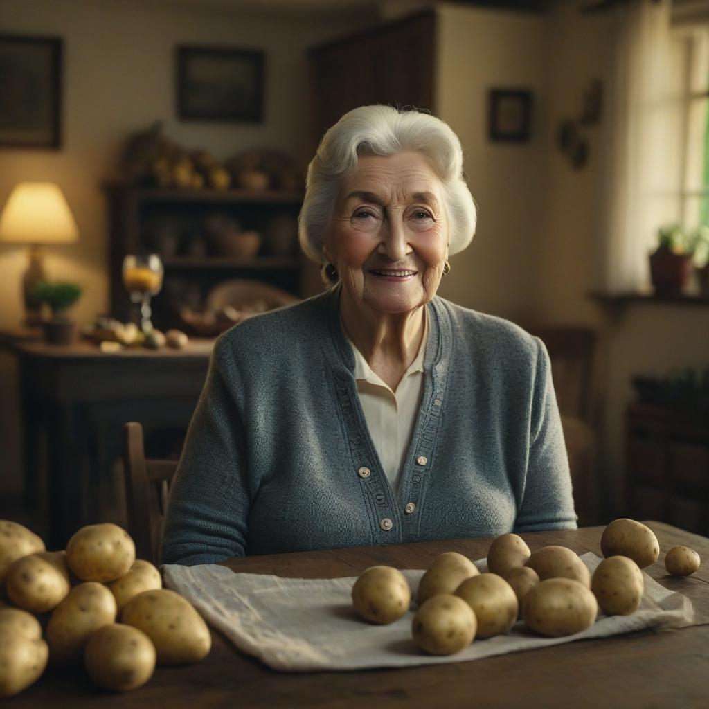  cinematic film still Dear smiley grandmother sits at the table and looks at us in the countryside house, and on the table next to her there is a 5 kilo bag of potatoes and a little potato on the table. . shallow depth of field, vignette, highly detailed, high budget, bokeh, cinemascope, moody, epic, gorgeous, film grain, grainy hyperrealistic, full body, detailed clothing, highly detailed, cinematic lighting, stunningly beautiful, intricate, sharp focus, f/1. 8, 85mm, (centered image composition), (professionally color graded), ((bright soft diffused light)), volumetric fog, trending on instagram, trending on tumblr, HDR 4K, 8K