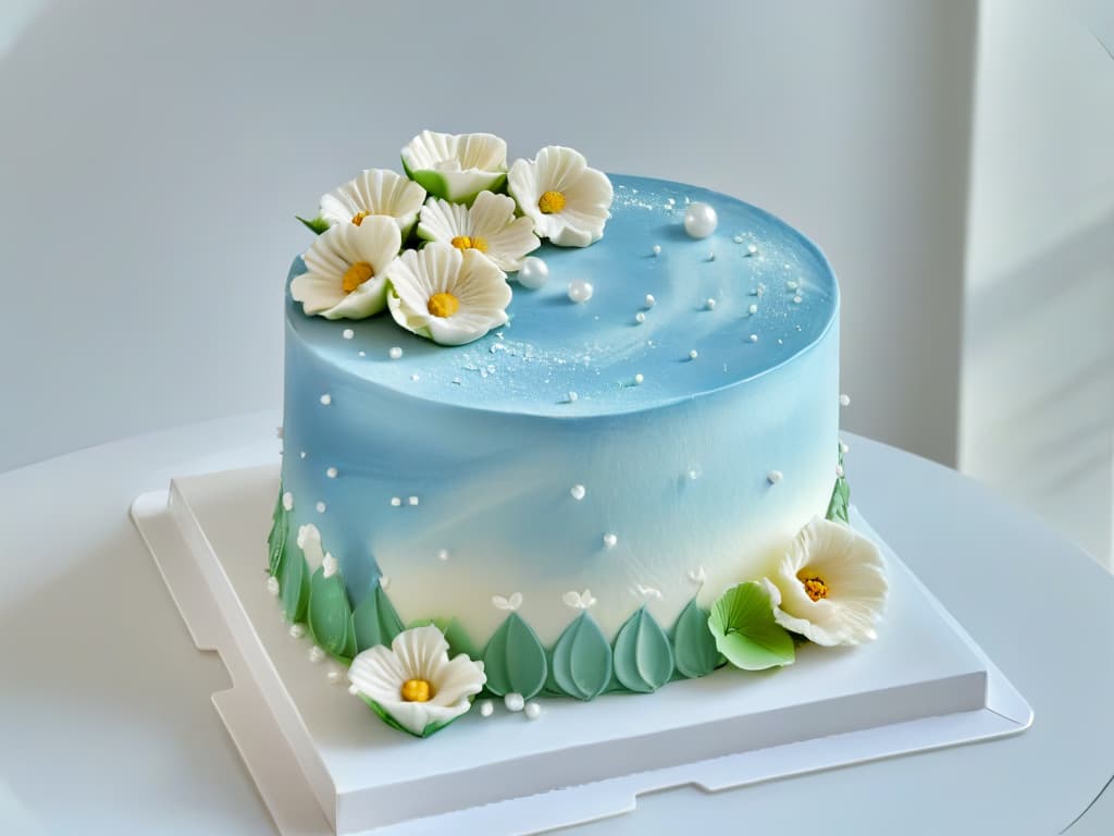  A closeup, highresolution image of a perfectly decorated, intricately designed cake with layers of fluffy sponge, smooth frosting, and delicate fondant details in pastel colors. The cake is adorned with tiny sugar flowers, elegant piping work, and shimmering edible pearls, showcasing the artistry and craftsmanship of a skilled pastry chef. The lighting is soft and focused, highlighting the textures and colors of the cake, making it a visually appealing and appetizing image that conveys the art and beauty of pastry making in a simple yet elegant way. hyperrealistic, full body, detailed clothing, highly detailed, cinematic lighting, stunningly beautiful, intricate, sharp focus, f/1. 8, 85mm, (centered image composition), (professionally color graded), ((bright soft diffused light)), volumetric fog, trending on instagram, trending on tumblr, HDR 4K, 8K