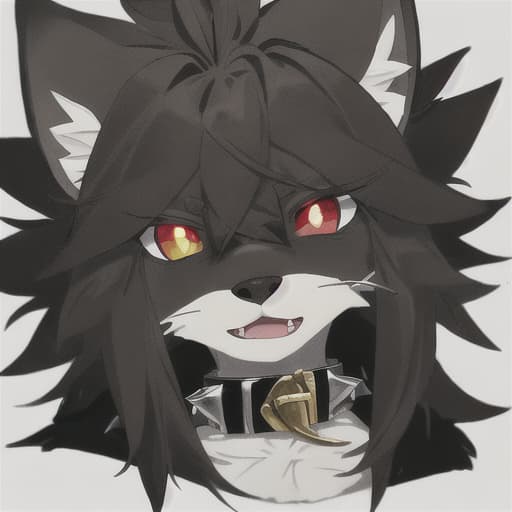  male furry with just black fur, 4 eyes, red pupils and yellow eyes, big ears and a spiked collar with a white bell in the collar