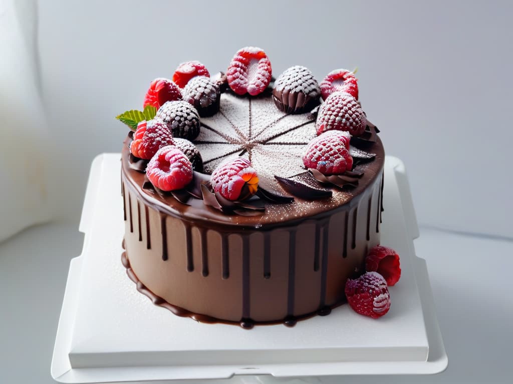  A highresolution, ultradetailed image of a luxurious and decadent vegan chocolate cake, perfectly frosted with smooth and glossy dark chocolate ganache. The cake is adorned with fresh raspberries and delicate edible flowers, all set on a sleek, modern white cake stand against a clean, minimalistic background to emphasize its elegance and appeal. hyperrealistic, full body, detailed clothing, highly detailed, cinematic lighting, stunningly beautiful, intricate, sharp focus, f/1. 8, 85mm, (centered image composition), (professionally color graded), ((bright soft diffused light)), volumetric fog, trending on instagram, trending on tumblr, HDR 4K, 8K