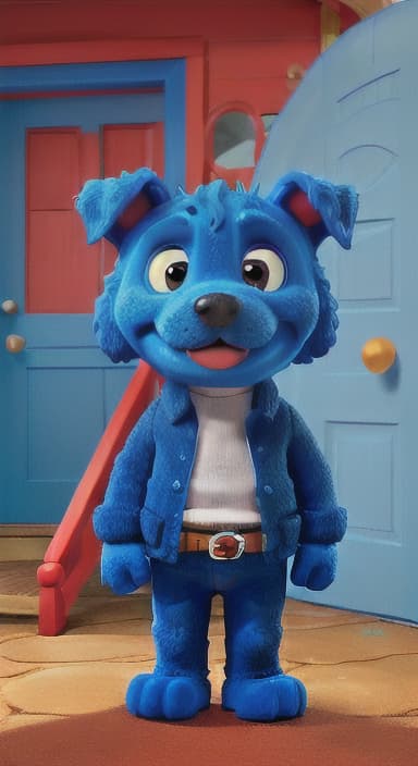  {Max the big blue dog standing in front of a cozy little house with a red door, The big blue dog is large with sky blue fur, big round eyes, a black nose, and floppy ears.