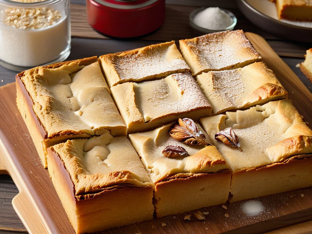  A closeup, photorealistic image of a freshly baked batch of blondies, still warm from the oven, showcasing a golden crust with a sprinkling of flaky sea salt on top. The blondies are stacked on a rustic wooden cutting board, surrounded by scattered crumbs and a few scattered pecans. The lighting is soft and natural, highlighting the texture of the moist and chewy interior of the blondies, with hints of melted white chocolate peeking through. The image evokes a sense of warmth and comfort, enticing viewers to try out the delicious blondie recipe. hyperrealistic, full body, detailed clothing, highly detailed, cinematic lighting, stunningly beautiful, intricate, sharp focus, f/1. 8, 85mm, (centered image composition), (professionally color graded), ((bright soft diffused light)), volumetric fog, trending on instagram, trending on tumblr, HDR 4K, 8K