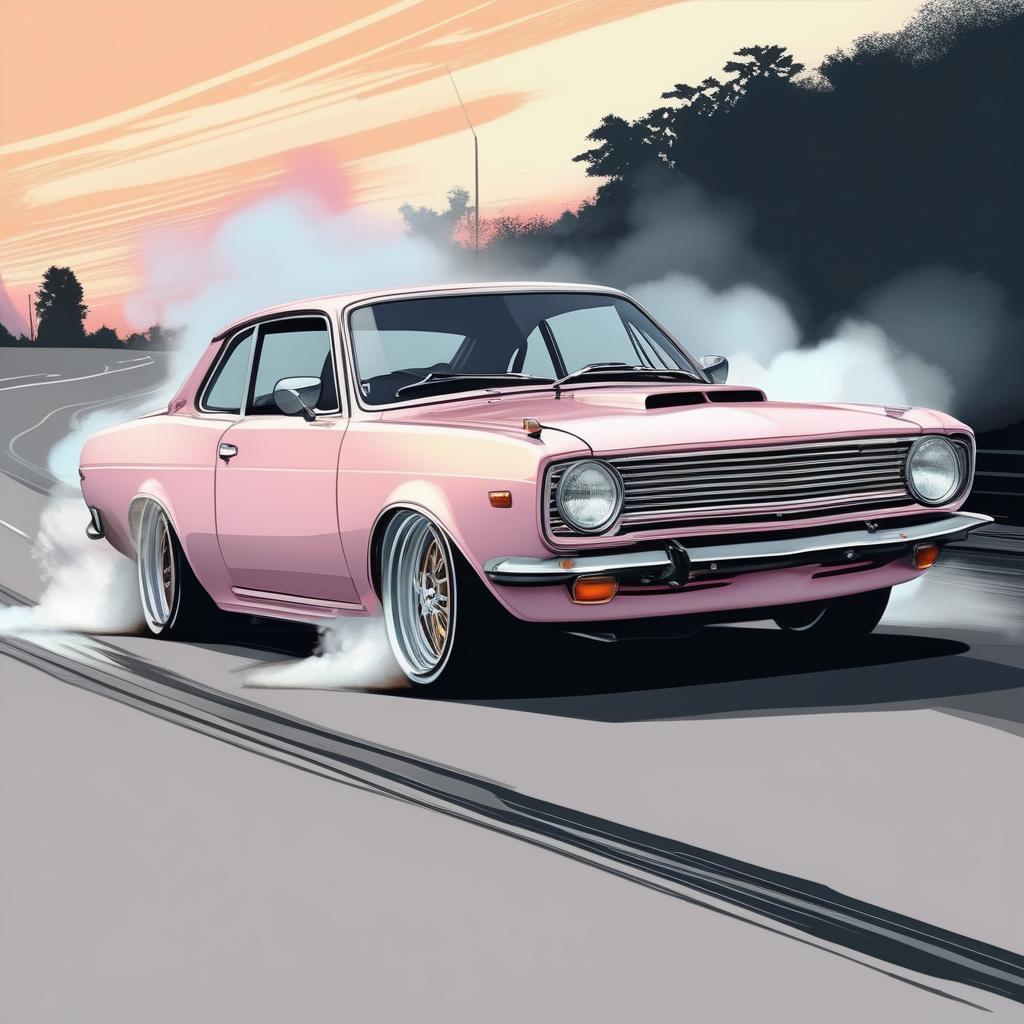 "Vector ilration, pop art, very light pastel-colored, watercolor, sketch, car drifting, smoke, burn, 1 car, tuned JDM car, wide fenders, big rims, slammed, (drifting:1.2), on the road, Tokcity, parking lot, beautiful landscape, car, car, car." hyperrealistic, full body, detailed clothing, highly detailed, cinematic lighting, stunningly beautiful, intricate, sharp focus, f/1. 8, 85mm, (centered image composition), (professionally color graded), ((bright soft diffused light)), volumetric fog, trending on instagram, trending on tumblr, HDR 4K, 8K