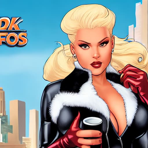  Felicia Hardy, young face, long white hair, white fur collar, gloves, no bra, black jumpsuit, unzipped, big breasts, and Mary Jane Watson, drinking coffee at Starbucks , comic, sharp focus