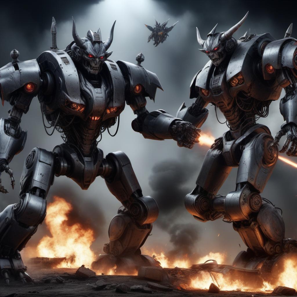  hyperrealistic art Demon battle robots, darkness, destruction. . extremely high-resolution details, photographic, realism pushed to extreme, fine texture, incredibly lifelike