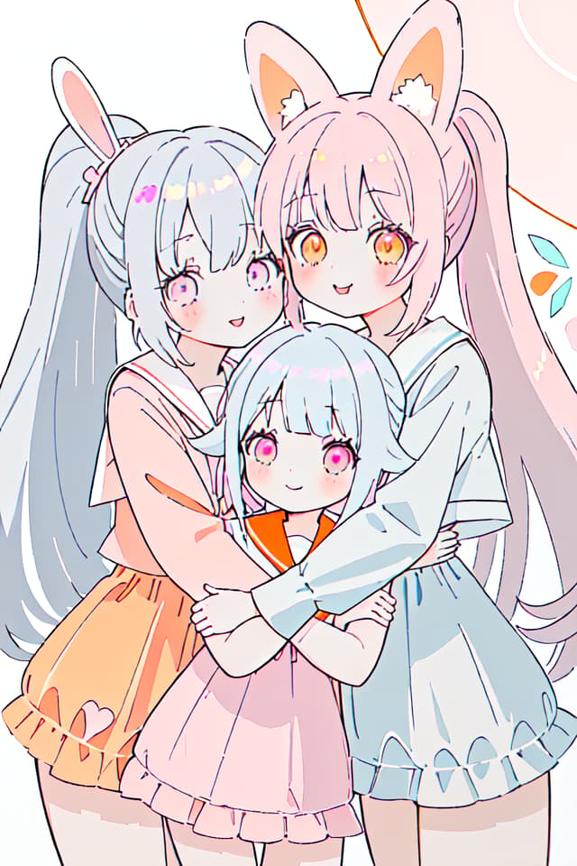  Rabbit ears,friends,smiles,beautiful girls,2 people,(orange eyes,light blue hair,perm,ponytail,),(pink eyes,gray hair,long hair,),cute,good friends,hugging each other,sailor suit,cuteRabbit ears,friends,smiles,beautiful girls,2 people,(orange eyes,light blue hair,perm,ponytail,),(pink eyes,gray hair,long hair,),cute,good friends,hugging each other,sailor suit,cute(absurd detailed:1.4、best quality:1.4、masterpiece:1.4)、The same height、