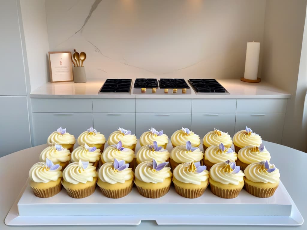  An ultradetailed image of a pristine, marble countertop in a bright, airy kitchen. The countertop is adorned with an array of beautifully decorated cupcakes in various pastel colors, each meticulously crafted with intricate frosting designs and delicate toppings like edible flowers and gold leaf. Soft natural light floods the scene, highlighting every exquisite detail of the cupcakes and creating a serene, elegant ambiance. hyperrealistic, full body, detailed clothing, highly detailed, cinematic lighting, stunningly beautiful, intricate, sharp focus, f/1. 8, 85mm, (centered image composition), (professionally color graded), ((bright soft diffused light)), volumetric fog, trending on instagram, trending on tumblr, HDR 4K, 8K