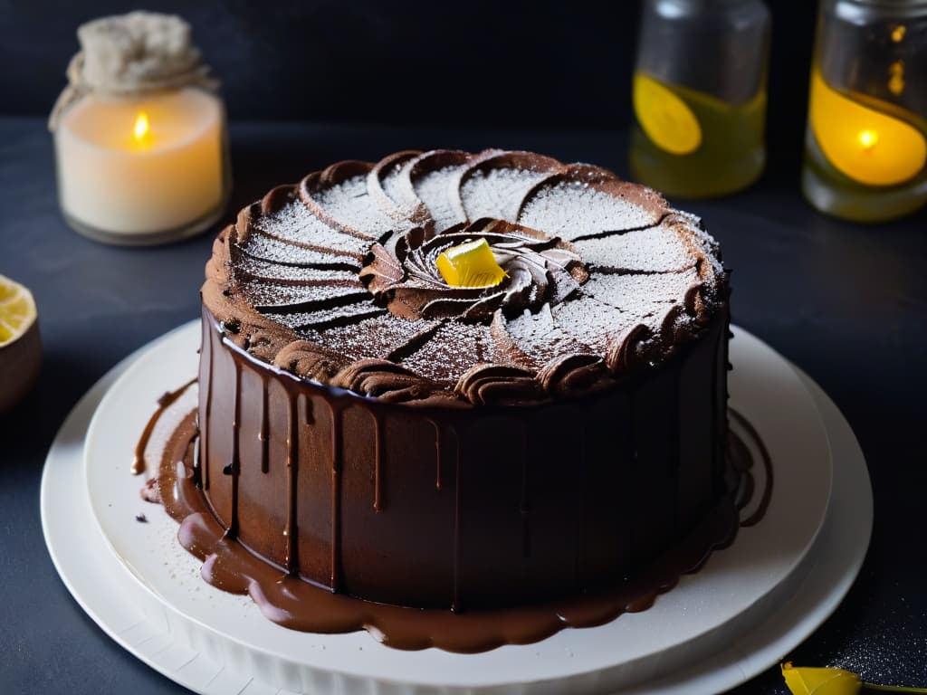  A closeup, ultradetailed image of a decadent chocolate olive oil cake, topped with a dusting of cocoa powder and a drizzle of rich olive oil. The cake sits on a sleek, modern white plate, set against a stark black backdrop to emphasize its glossy texture and luxurious presentation. hyperrealistic, full body, detailed clothing, highly detailed, cinematic lighting, stunningly beautiful, intricate, sharp focus, f/1. 8, 85mm, (centered image composition), (professionally color graded), ((bright soft diffused light)), volumetric fog, trending on instagram, trending on tumblr, HDR 4K, 8K